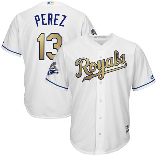 Royals #13 Salvador Perez White 2015 World Series Champions Gold Program Cool Base Stitched Youth MLB Jersey - Click Image to Close